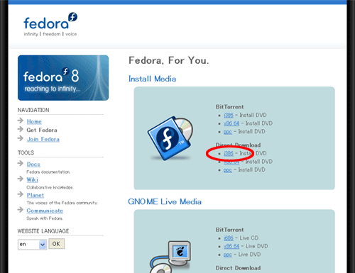 Fedora-8-i386-DVD.iso をダウンロード